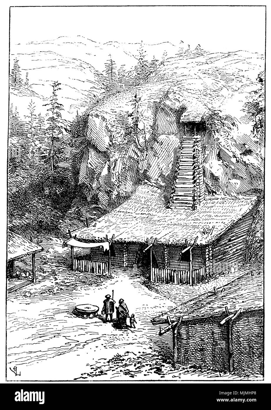 Oldest form of Indian housing. Drawing by Viollet-le-Duc, Stock Photo