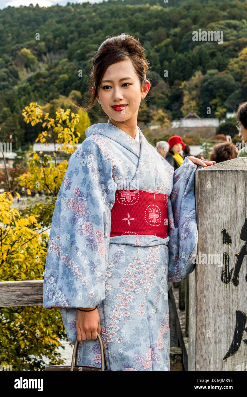 Ladies in traditional Kimono walking round streets and temple at Tenryu Shiseizen in Kyoto prefecture Japan Stock Photo