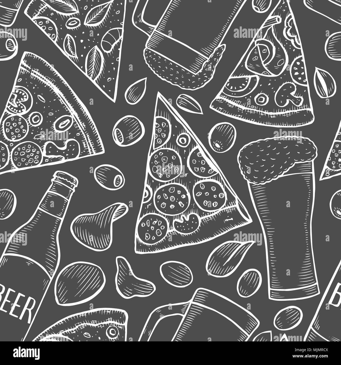 Monochrome Seamless pattern background of beer and pizza in an old engraving style. Stock Vector
