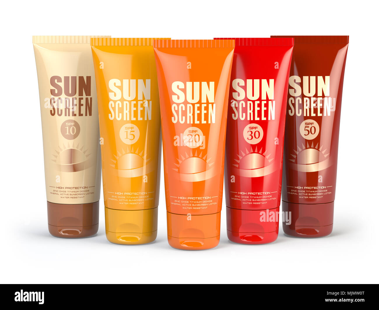Row of sun screen cream, oil and lotion containers with different spf