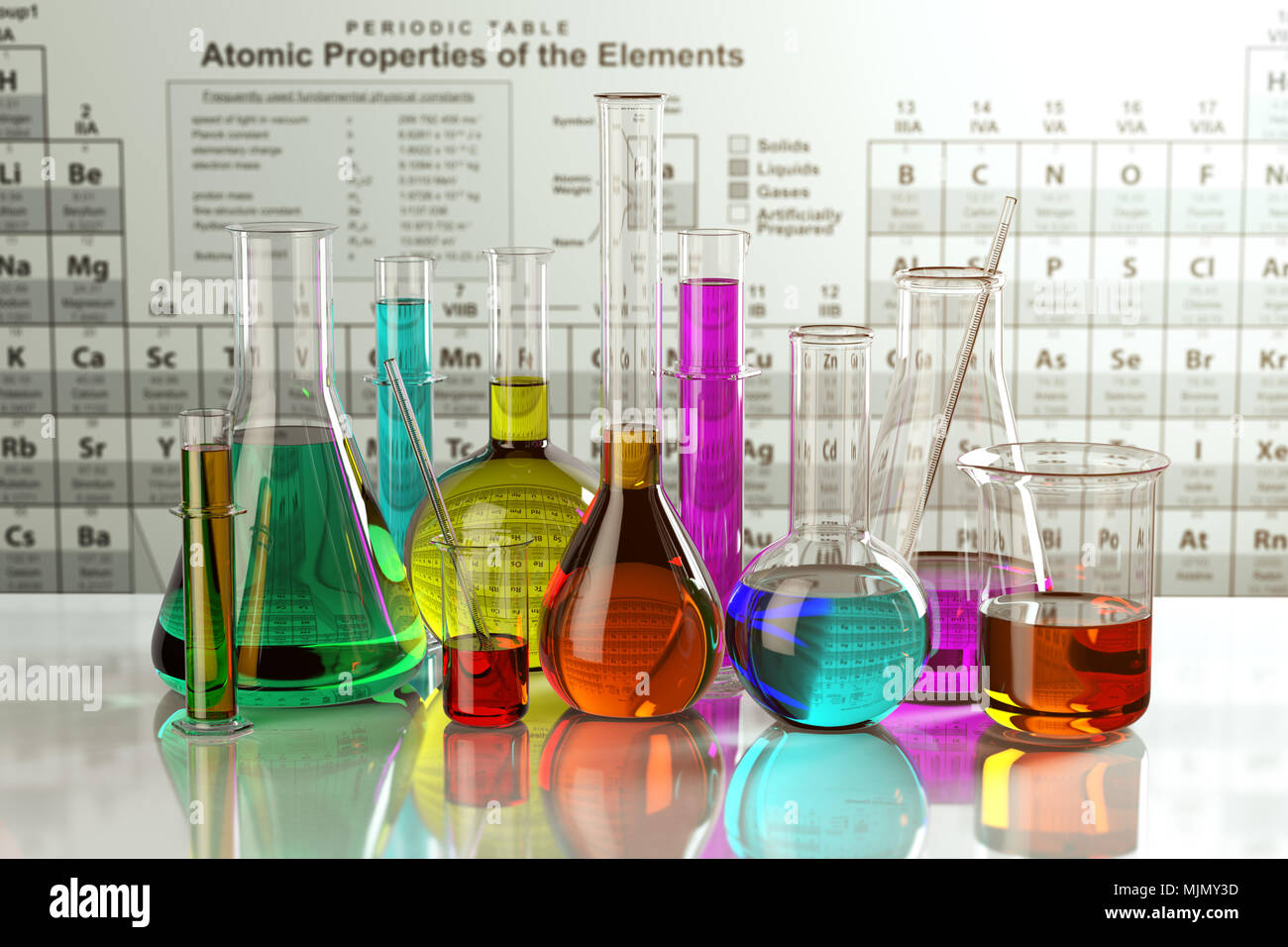 Test glass flasks and tubes with colored solutions on the periodic