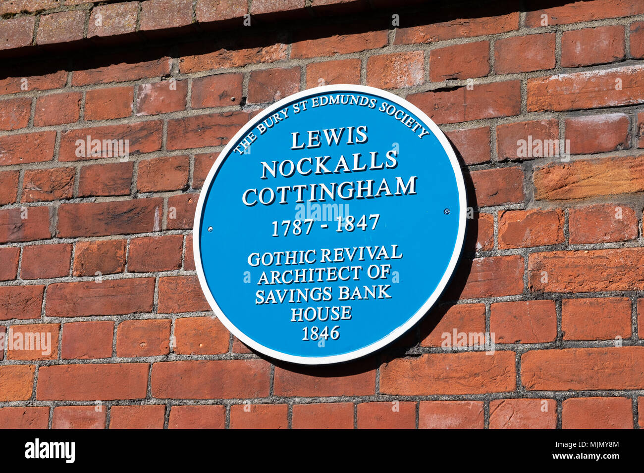 Lewis Nockalls Cottingham blue plaque Bury St Edmunds, Gothic revival architect of Savings Bank House 1846. Stock Photo