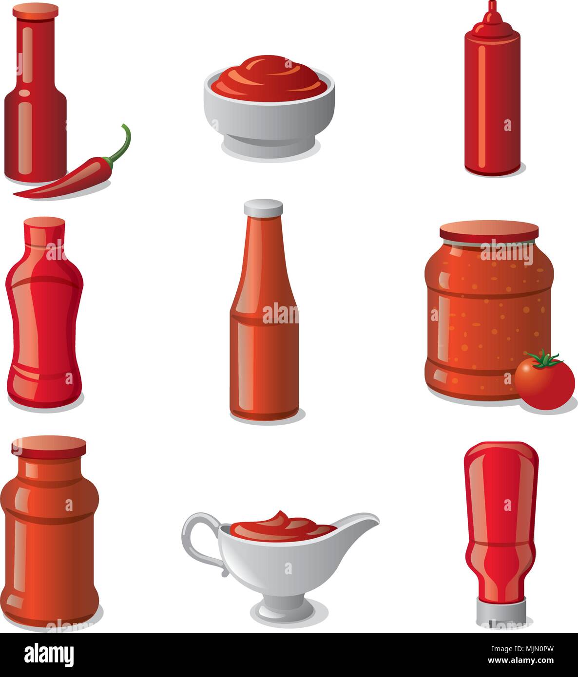 illustration of set tomato ketchups and sauces in bottles Stock Vector