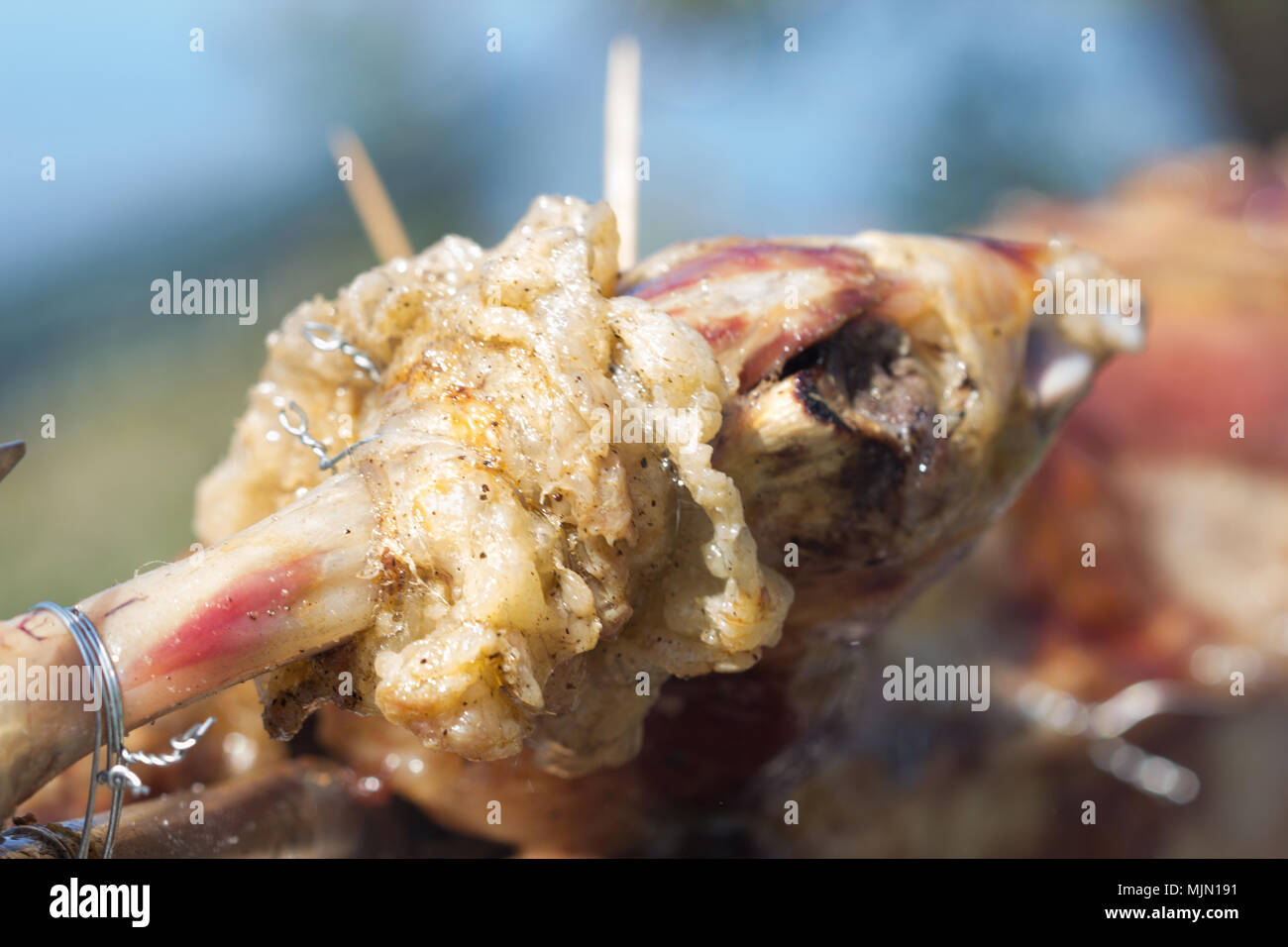 Lamb on the spit while roasting, during a traditional Greek Easter feast. Stock Photo