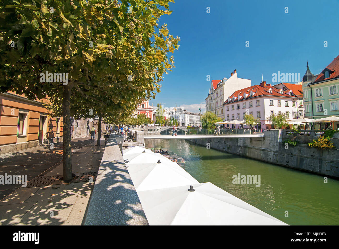 Ljubljanica river and old city center during summer, Ljubljana, Slovenia Stock Photo