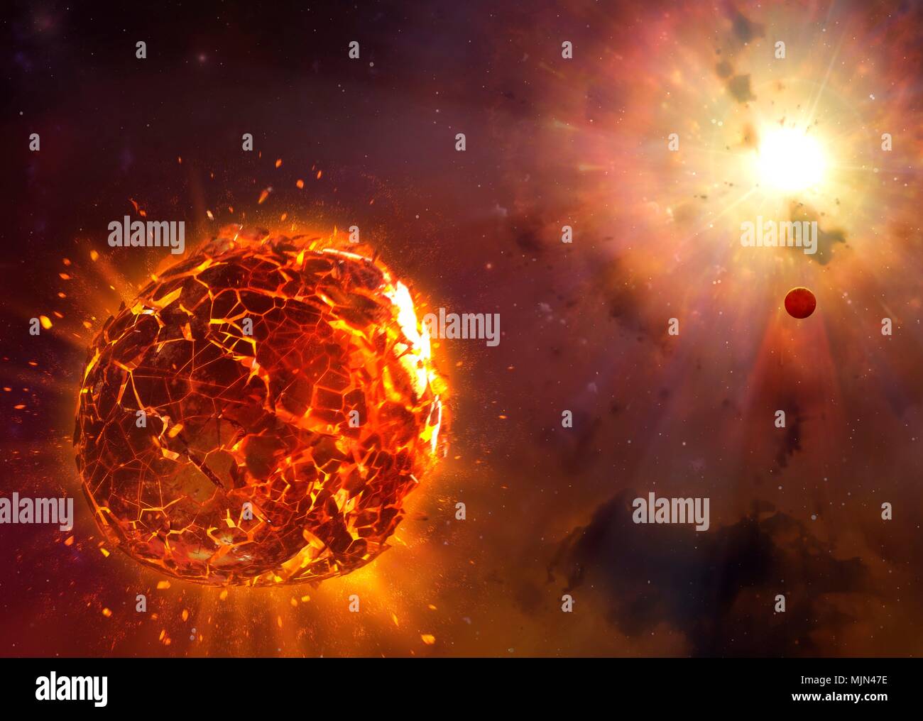 Supernova destroying planet, illustration. A rocky planet lies in the wake of its star, which has just gone supernova. The explosion shatters the planet. Stock Photo