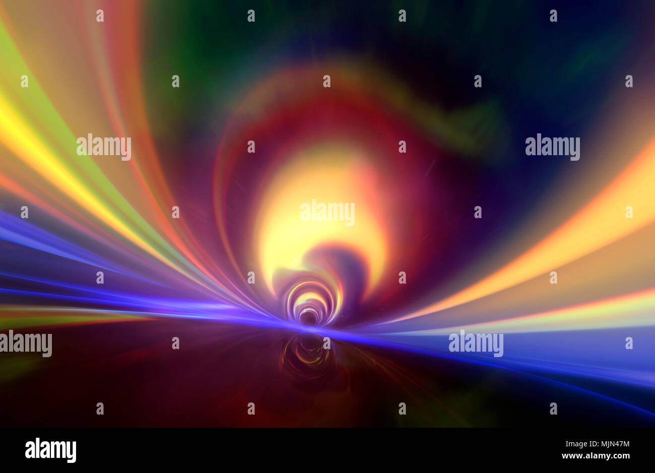 Illustration simulating what the explorer might see upon crossing the event horizon of a black hole. The event horizon is the black hole's boundary, the region beyond which the escape velocity exceeds that of light. Stock Photo