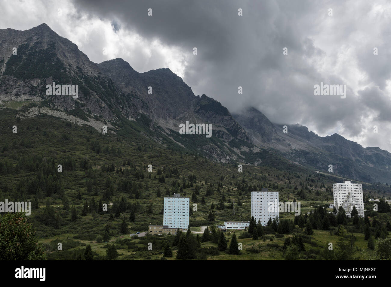 The Italian ski resort of Tonale looking grim in the off-season. Stock Photo