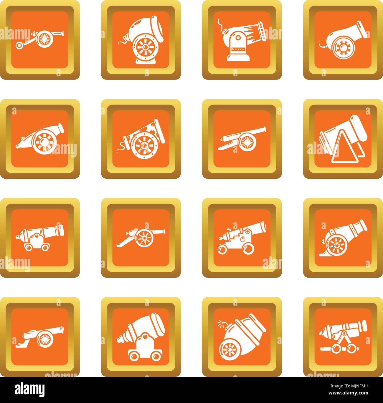 Cannon retro icons set orange square vector Stock Vector
