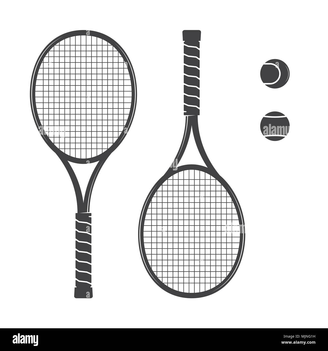 Set of tennis rackets and tennis balls. Vector illustration. Racquets silhouette on the white background. Stock Vector