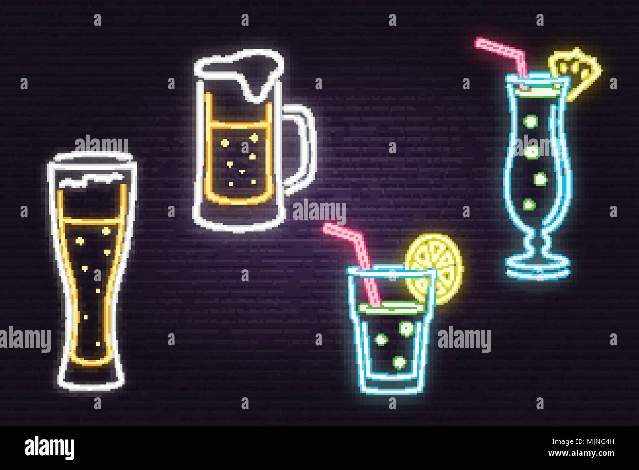 Set of neon Beer and Cocktail sign on brick wall background. Vector illustration. Design for bar, pub and restaurant business. Stock Vector