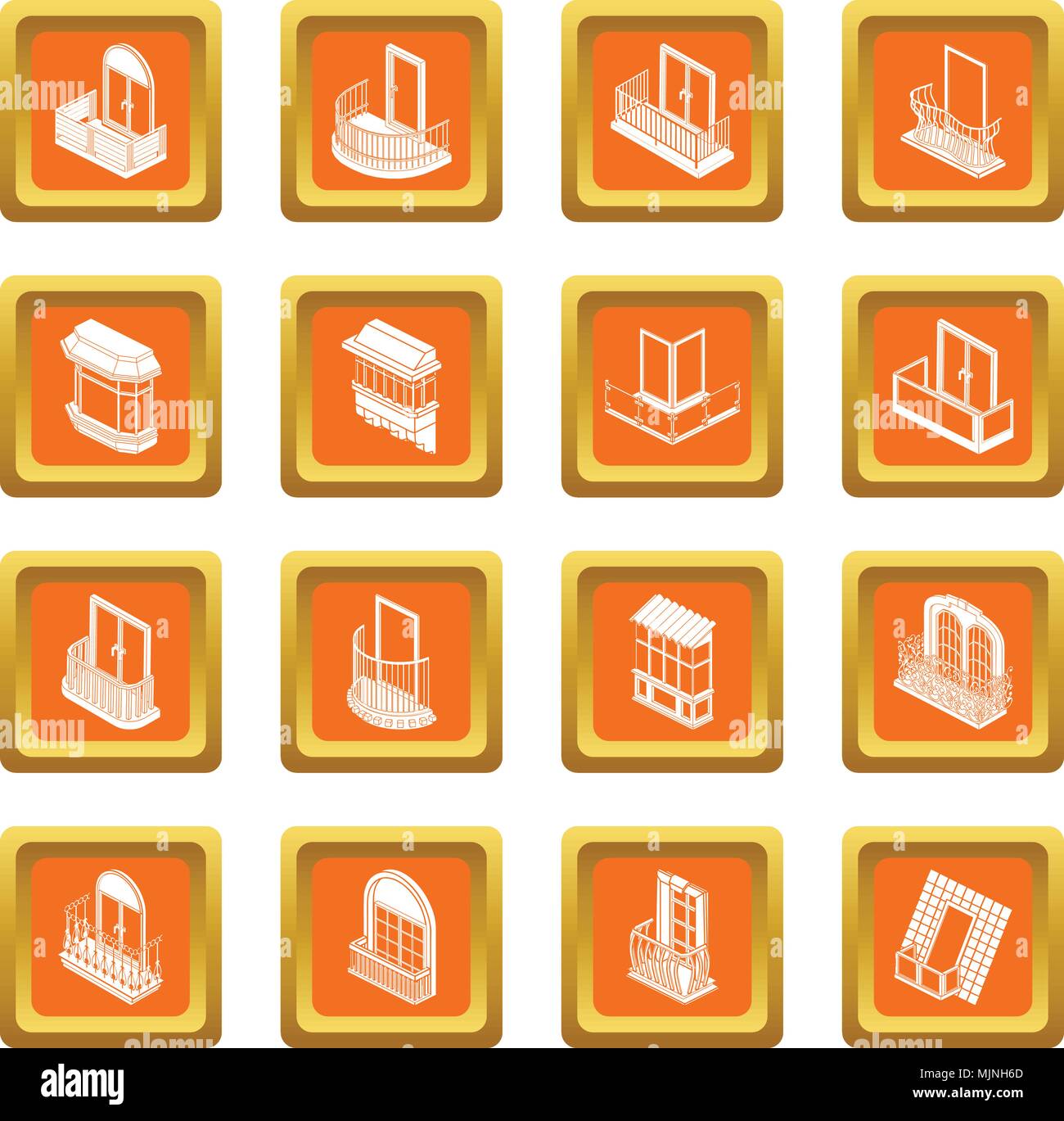 Balcony window forms icons set orange square vector Stock Vector