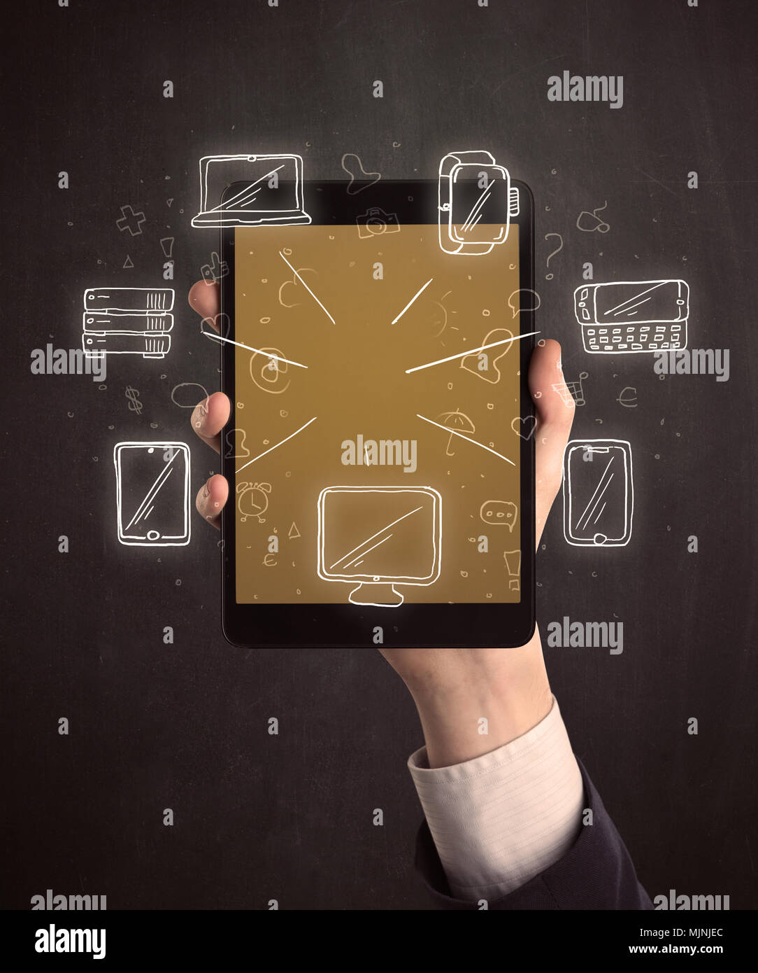 Caucasian hand in business suit holding a smartphone with hand-drawn ...