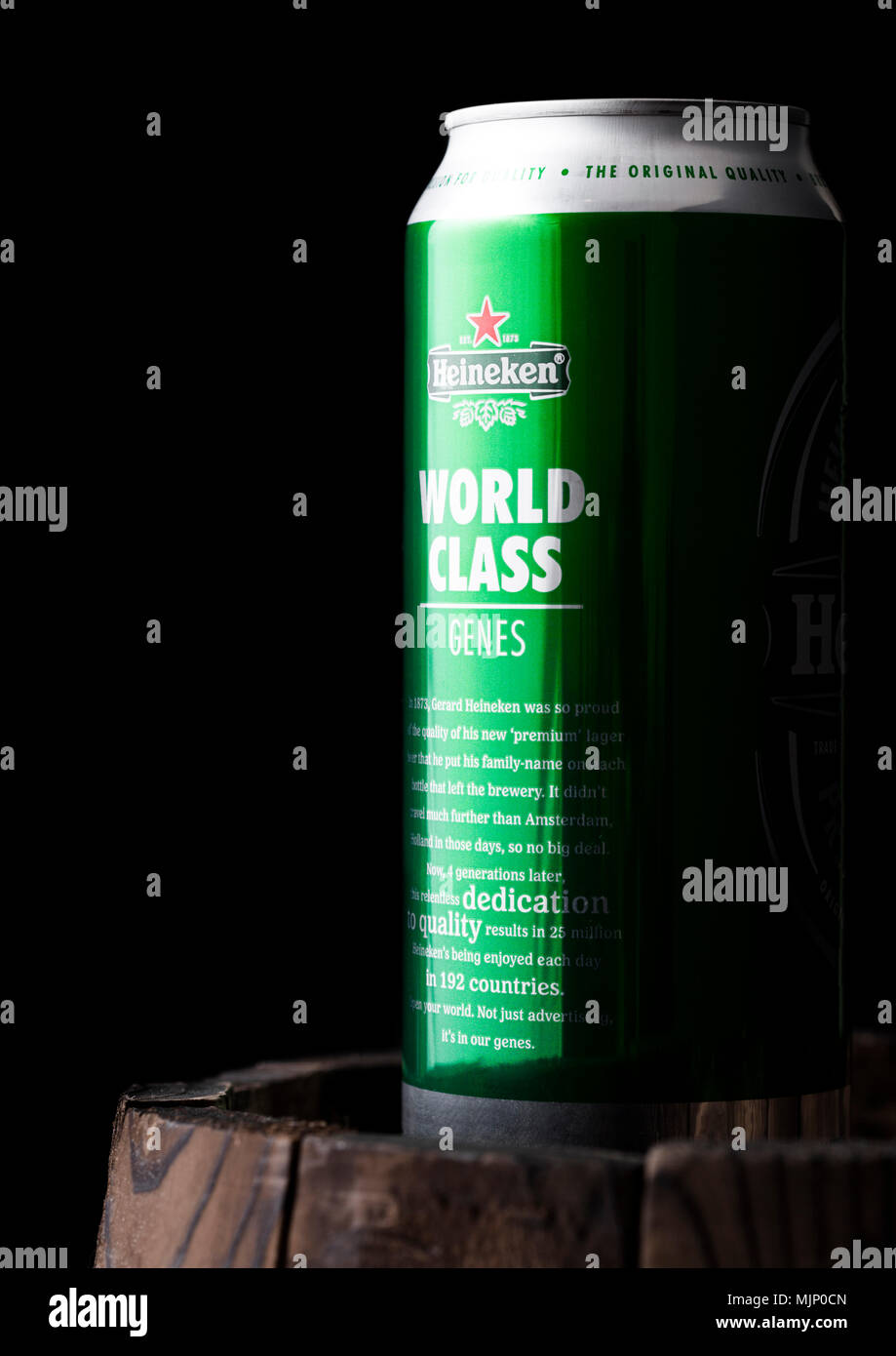 LONDON, UK MAY 03, 2018 Aluminium tin of Heineken Lager Beer on top of wooden barrel and