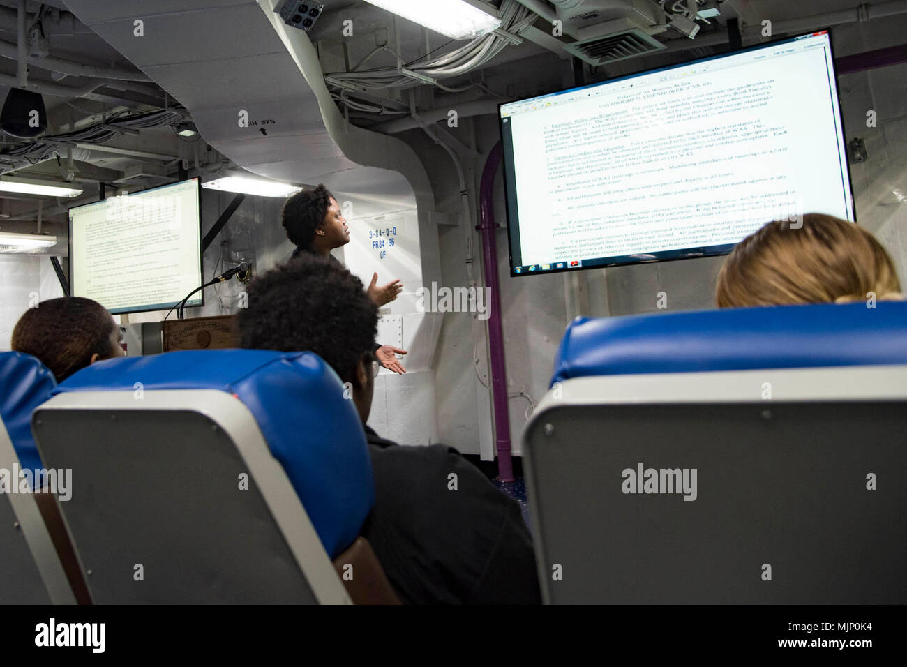 PORTSMOUTH, Va. (Feb. 15, 2018) Hospital Corpsman 1st Class Tamia Daniels speaks at the Women at Sea meeting in the Five Star classroom aboard the aircraft carrier USS Dwight D. Eisenhower (CVN 69)(Ike). Ike is undergoing a Planned Incremental Availability (PIA) at Norfolk Naval Shipyard during the maintenance phase of the Optimized Fleet Response Plan (OFRP). Armed Forces and civilians displaying courage bravery dedication commitment and sacrifice Stock Photo