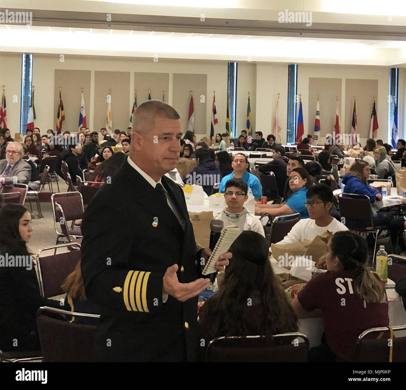 “Think about what ‘you’ want to do with your life and see STEM as an opportunity,” said Navy Capt. Thomas C. Herzig, commanding officer, Naval Medical Research Unit - San Antonio (NAMRU-SA) during a talk to more than 250 high school students at the 8th Annual STEM (Science, Technology, Engineering, and Math) Alliance Symposium luncheon, Feb 22, at Texas A&M International University (TAMIU) in Laredo, Texas. Armed Forces and civilians displaying courage bravery dedication commitment and sacrifice Stock Photo