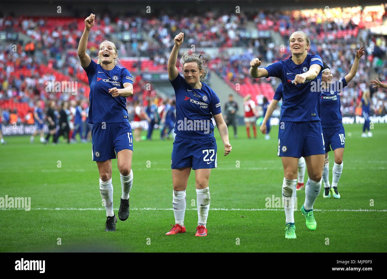 Chelsea Ladies' Katie Chapman (left) and Erin Cuthbert (centre), Magdalena Eriksson (right) celebrate after the final whistle during the SSE Women's FA Cup Final at Wembley Stadium, London. PRESS ASSOCIATION Photo. Picture date: Saturday May 5, 2018. See PA story SOCCER Women Final. Photo credit should read: Adam Davy/PA Wire. RESTRICTIONS: No use with unauthorised audio, video, data, fixture lists, club/league logos or 'live' services. Online in-match use limited to 75 images, no video emulation. No use in betting, games or single club/league/player publications. Stock Photo