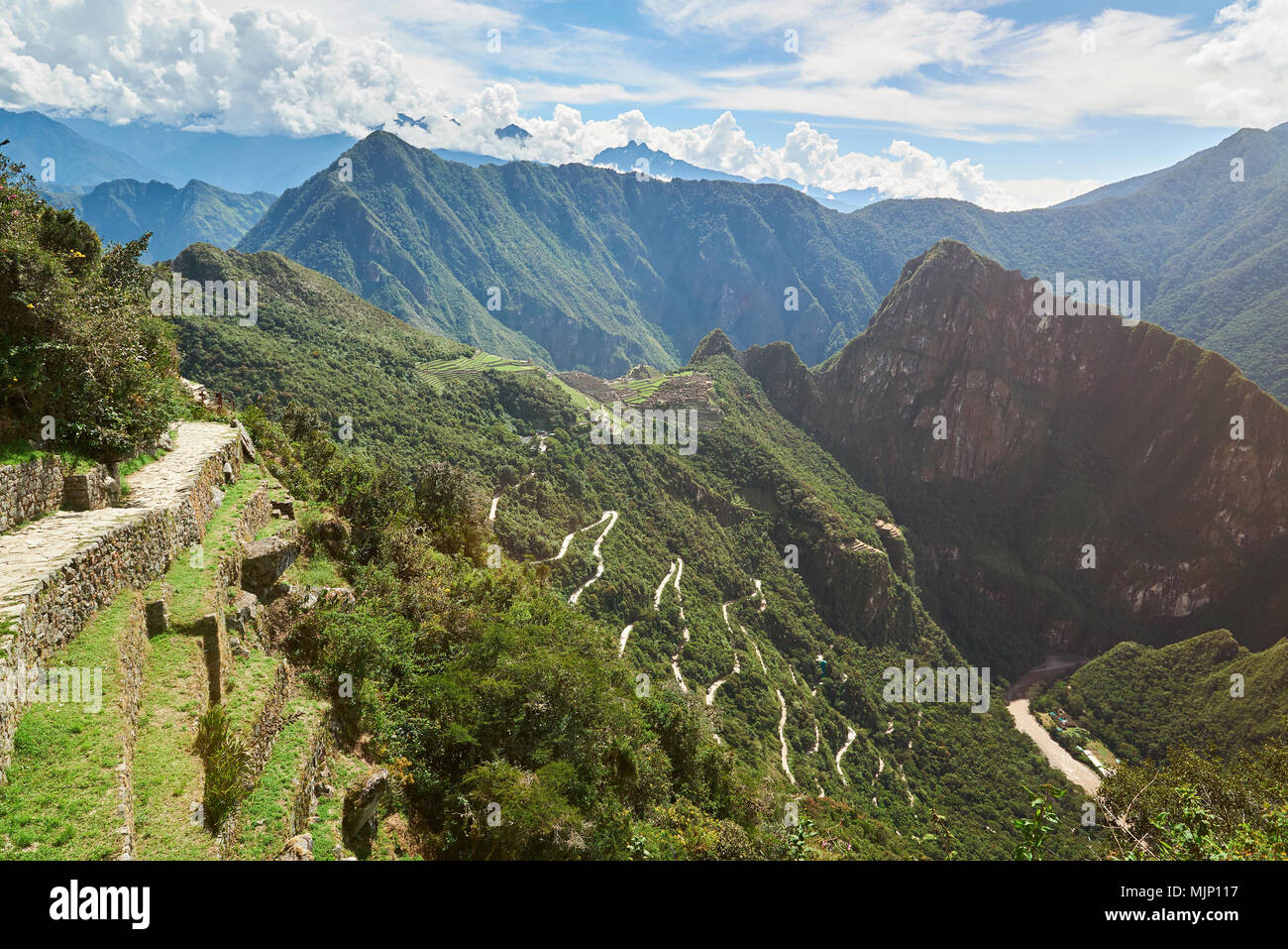 Inca terraces in Machu Picchu town. Sun gate trail path in Machu Picchu Stock Photo