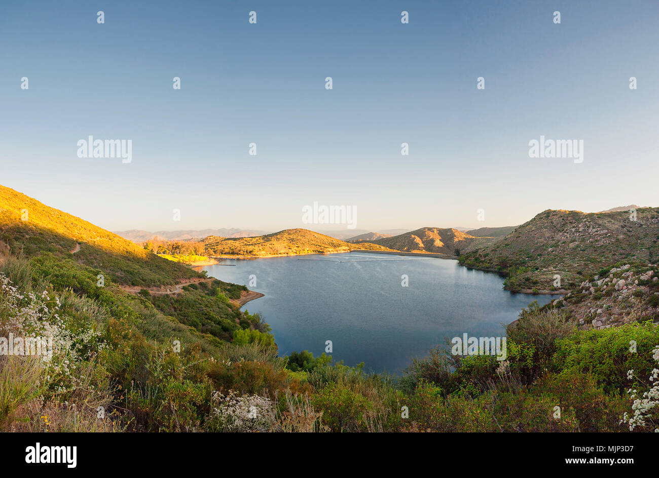 Looking down on Lake Poway early one morning from one of the nearby hiking trails near San Diego, California Stock Photo