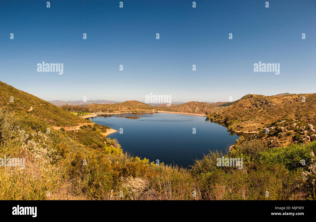 Looking down on Lake Poway early one morning from one of the nearby hiking trails near San Diego, California Stock Photo