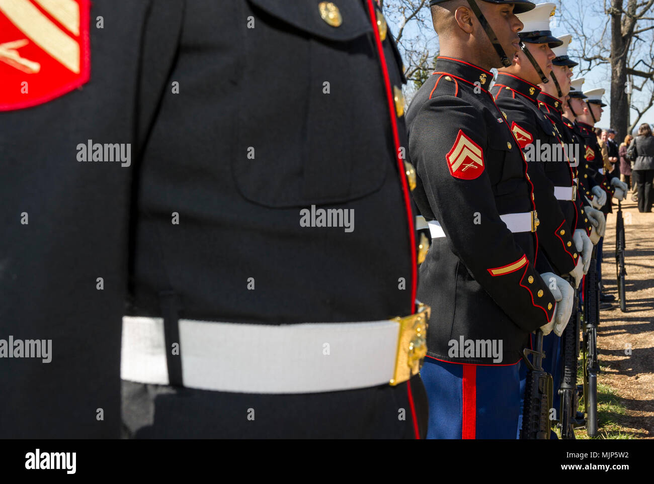 U.S. Marines with Marine Corps Base Quantico Ceremonial Platoon greet guests attending the Presidential wreath laying ceremony held at the final resting place of the 4th President of the United States, James Madison, also known as the Father of the Constitution, at his home at Montpelier, Orange, Va., March 16, 2018. This event was held in commemoration of the 267th anniversary of the birth of Madison, born in 1751, and has also been decreed as James Madison Appreciation Day for the Commonwealth of Virginia. Armed Forces and civilians displaying courage bravery dedication commitment and sacrif Stock Photo
