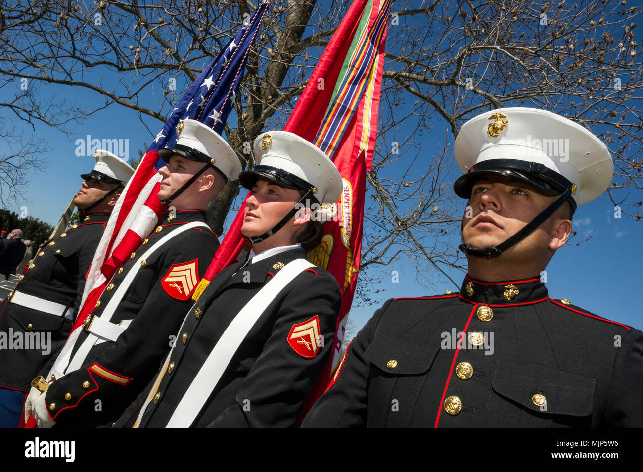 U.S. Marines with Marine Corps Base Quantico Color Guard greet guests attending the Presidential wreath laying ceremony held at the final resting place of the 4th President of the United States, James Madison, also known as the Father of the Constitution, at his home at Montpelier, Orange, Va., March 16, 2018. This event was held in commemoration of the 267th anniversary of the birth of Madison, born in 1751, and has also been decreed as James Madison Appreciation Day for the Commonwealth of Virginia. Armed Forces and civilians displaying courage bravery dedication commitment and sacrifice Stock Photo