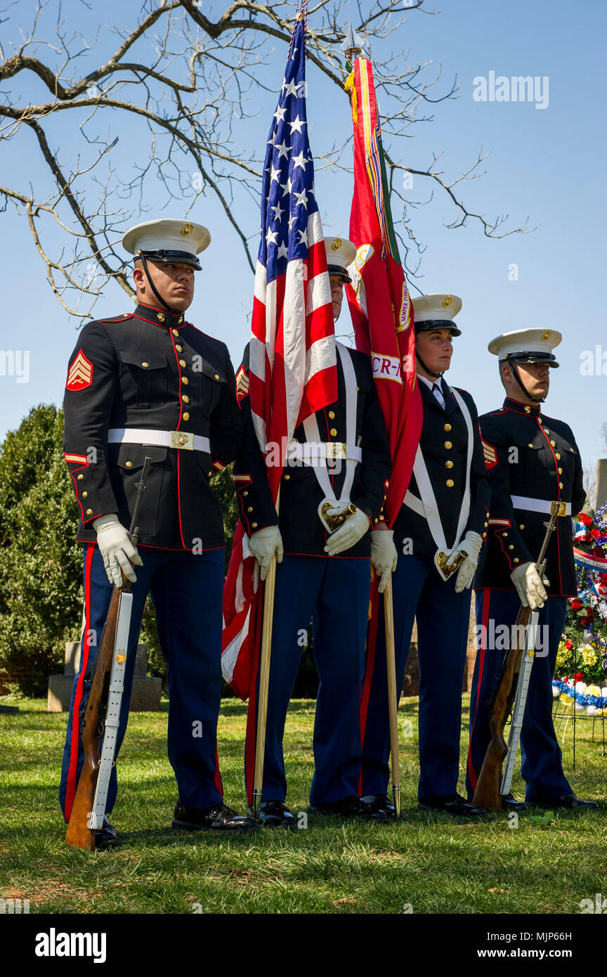 U.S. Marines with Marine Corps Base Quantico Color Guard stand at parade rest during the Presidential wreath laying ceremony held to honor the 4th President of the United States, James Madison, also known as the Father of the Constitution, at his home at Montpelier, Orange, Va., March 16, 2018. This event was held in commemoration of the 267th anniversary of the birth of Madison, born in 1751, and has also been decreed as James Madison Appreciation Day for the Commonwealth of Virginia. Armed Forces and civilians displaying courage bravery dedication commitment and sacrifice Stock Photo