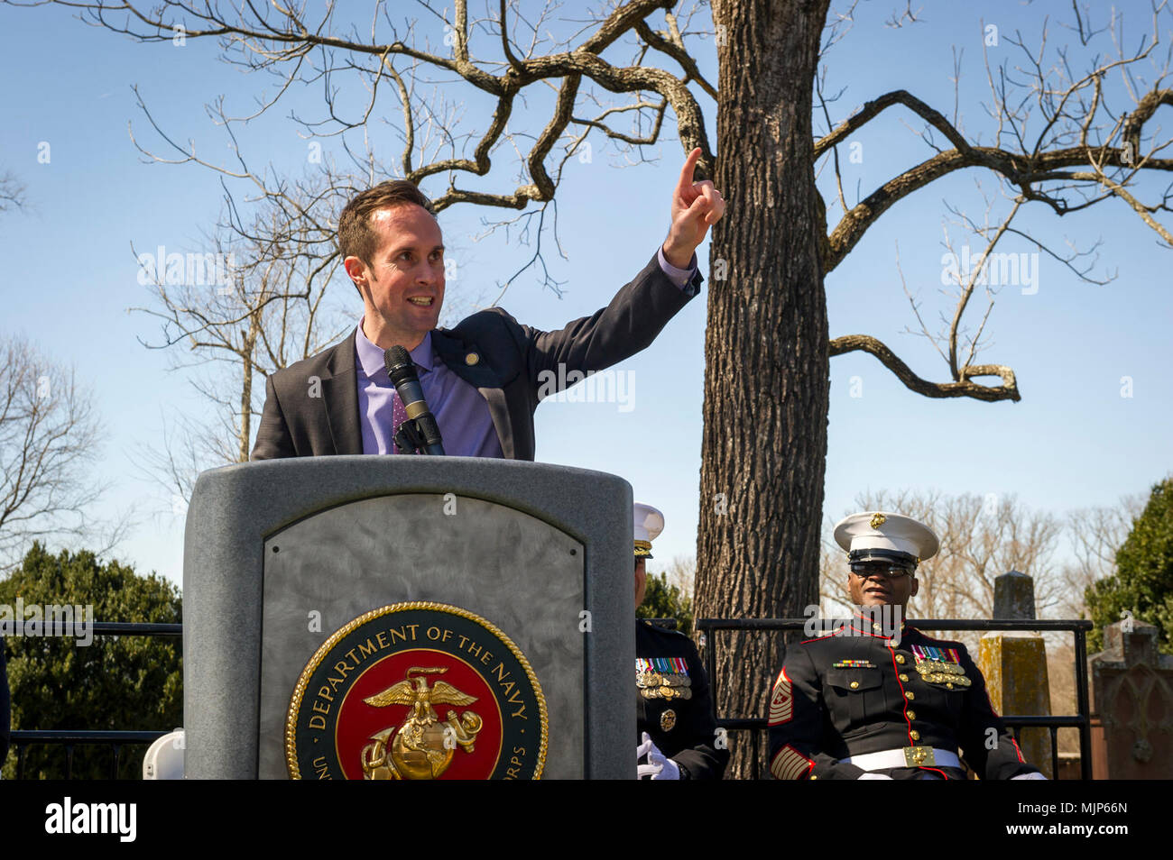 The Honorable Schuyler VanValkenburg, Virginia House of Delegates, 72nd District, provides remarks during the Presidential wreath laying ceremony held to honor the 4th President of the United States, James Madison, also known as the Father of the Constitution, at his home at Montpelier, Orange, Va., March 16, 2018. This event was held in commemoration of the 267th anniversary of the birth of Madison, born in 1751, and has also been decreed as James Madison Appreciation Day for the Commonwealth of Virginia. Armed Forces and civilians displaying courage bravery dedication commitment and sacrific Stock Photo