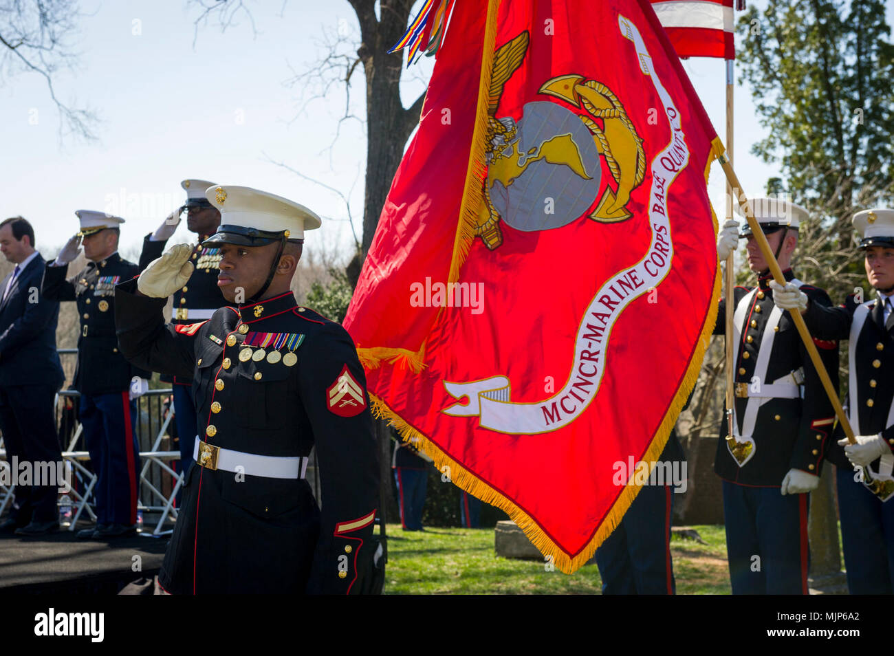 U.S. Marines with Marine Corps Base Quantico salute during the Presidential wreath laying ceremony held at the final resting place of the 4th President of the United States, James Madison, also known as the Father of the Constitution, at his home at Montpelier, Orange, Va., March 16, 2018. This event was held in commemoration of the 267th anniversary of the birth of Madison, born in 1751, and has also been decreed as James Madison Appreciation Day for the Commonwealth of Virginia. Armed Forces and civilians displaying courage bravery dedication commitment and sacrifice Stock Photo