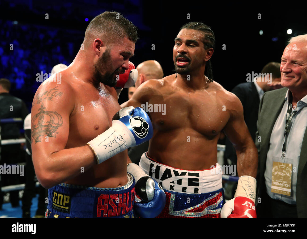 David Haye (right) congratulates Tony Bellew for winning the Heavyweight Contest bout in a fifth round stoppage at the O2 Arena, London. Stock Photo