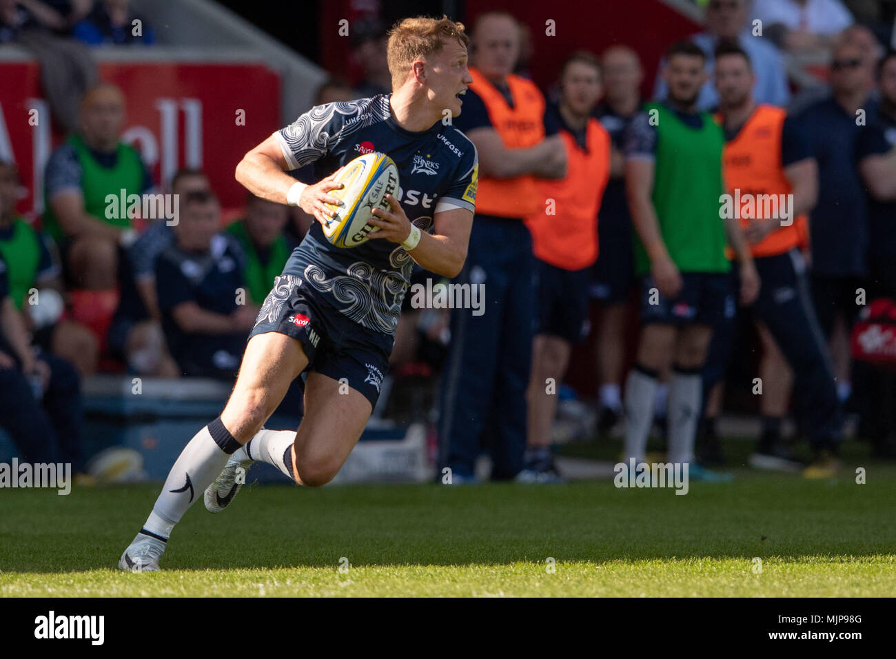 Sale Shark's MIKE HALEY in action during todays match   5th May 2018 , AJ Bell Stadium, Sale, England; English Premiership Rugby League, Sale Sharks v Stock Photo