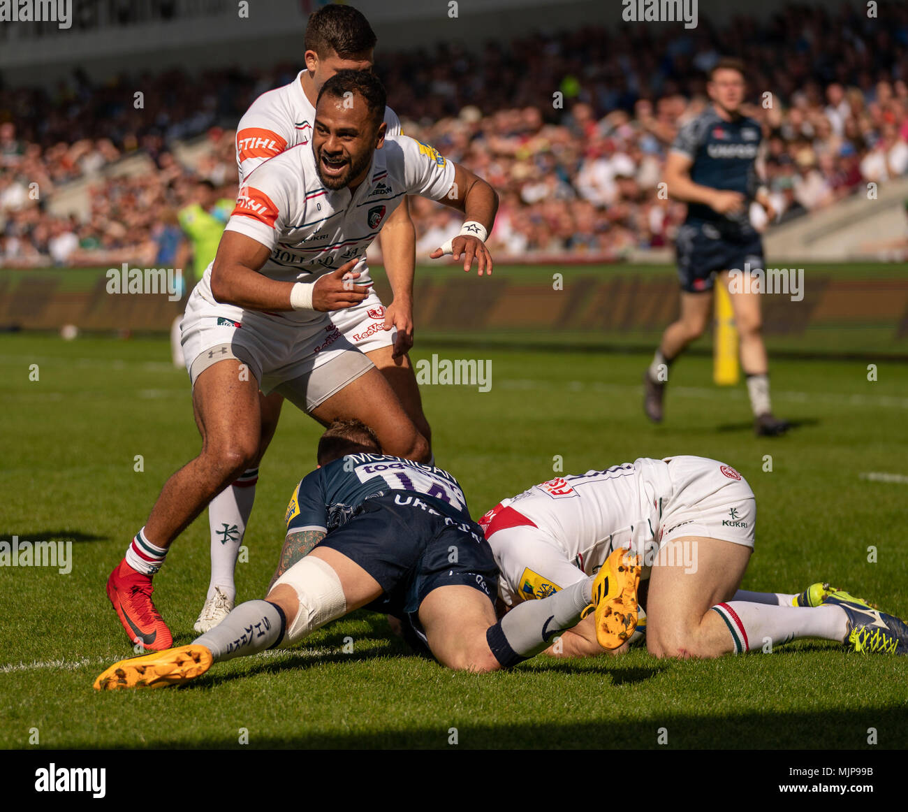 Leicester Tigers's Jonah Holmes scores his sides first try  5th May 2018 , AJ Bell Stadium, Sale, England; English Premiership Rugby League, Sale Shar Stock Photo