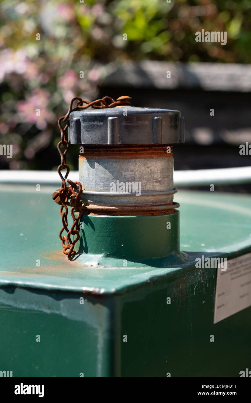 Domestic heating oil cap with a small chain attached. Stock Photo