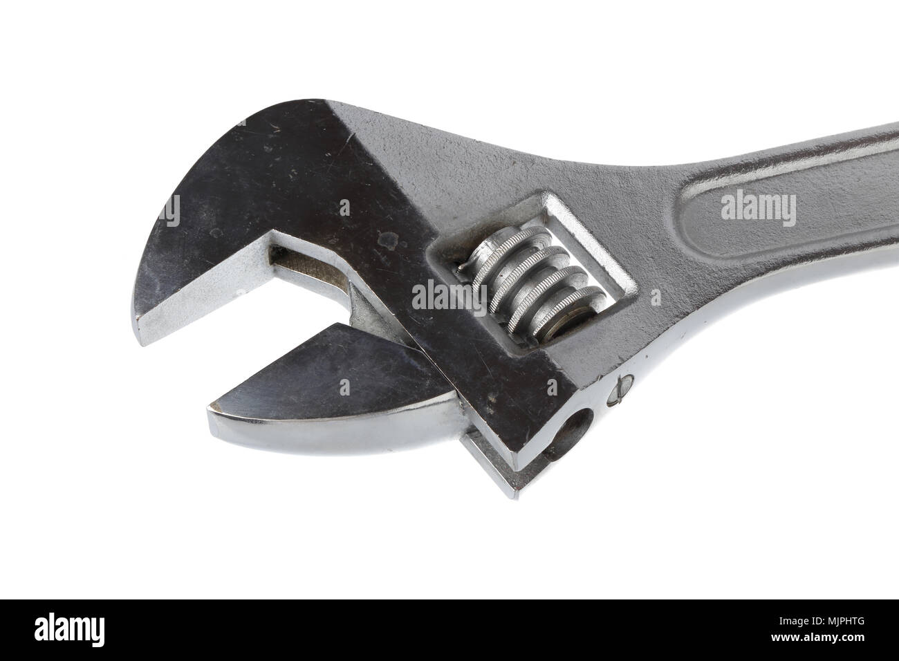 Close-up of a metalic wrench hand tool isolated on white. Stock Photo