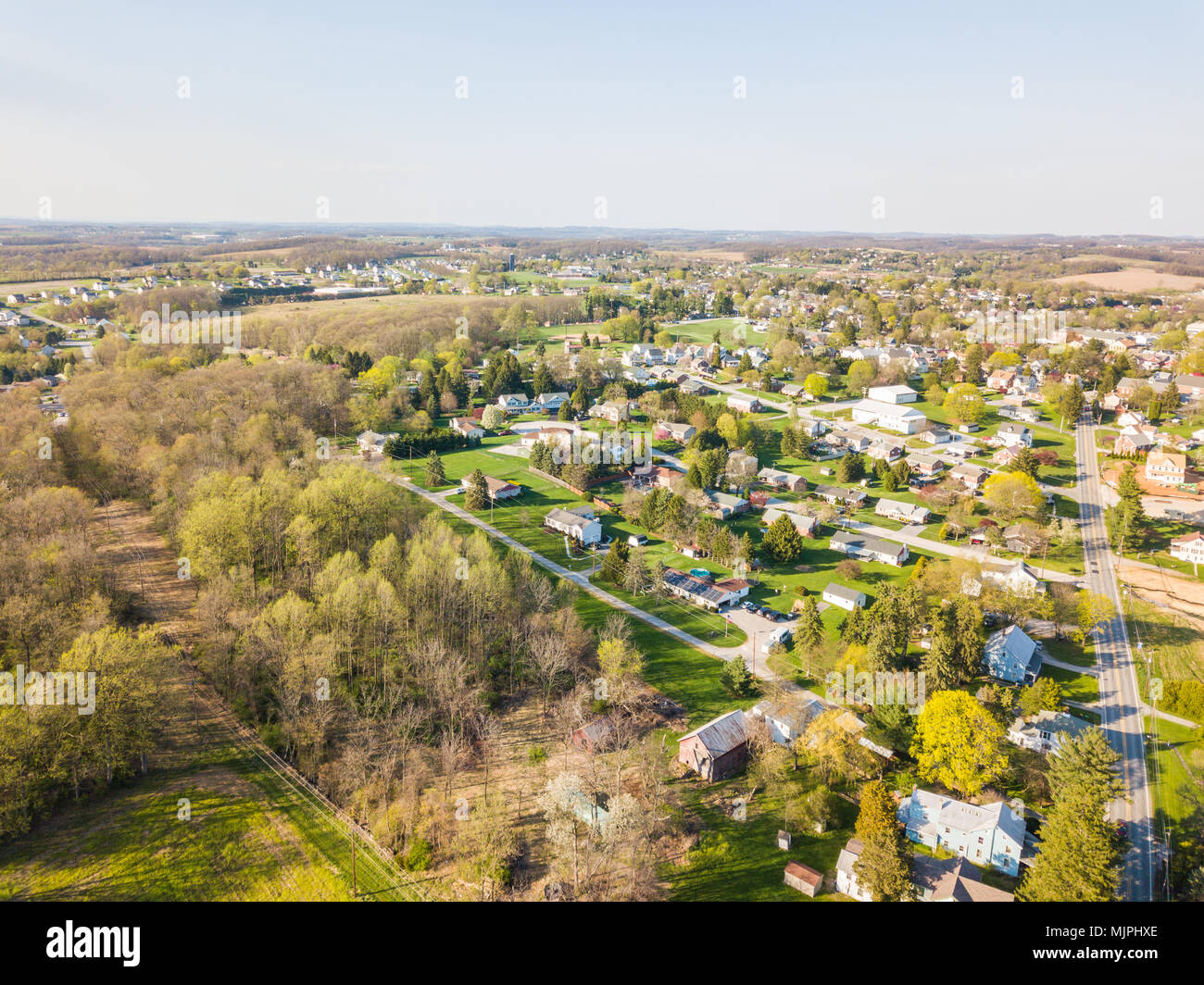 Aerial of the Small Town surrounded by farmland in Shrewsbury