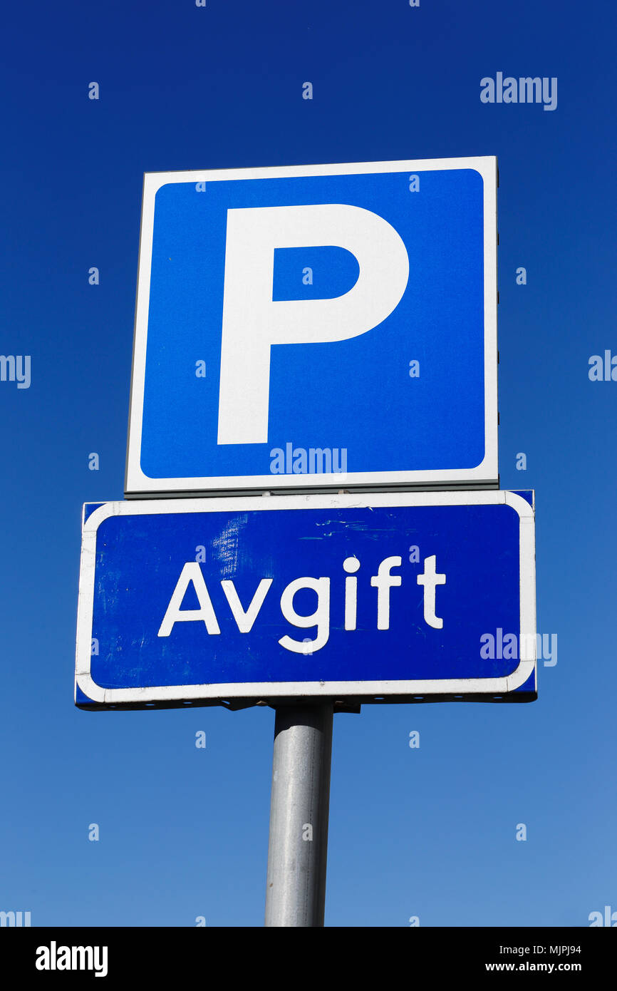 Close up of Swedish road sign for car parking allowed if fee is paid. Stock Photo