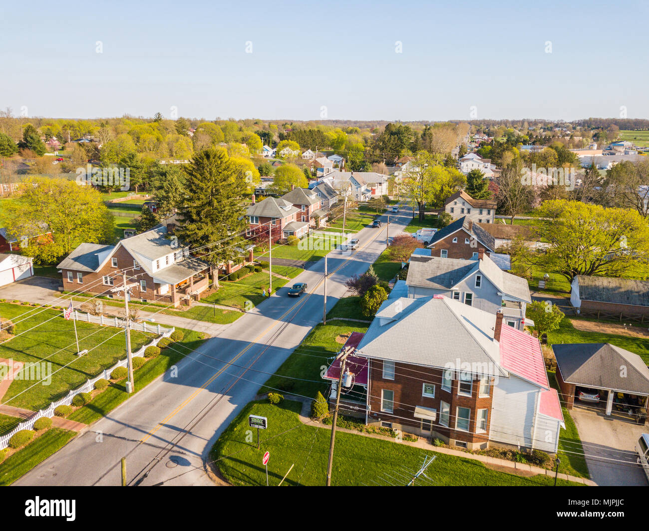 Aerial of the Small Town surrounded by farmland in Shrewsbury