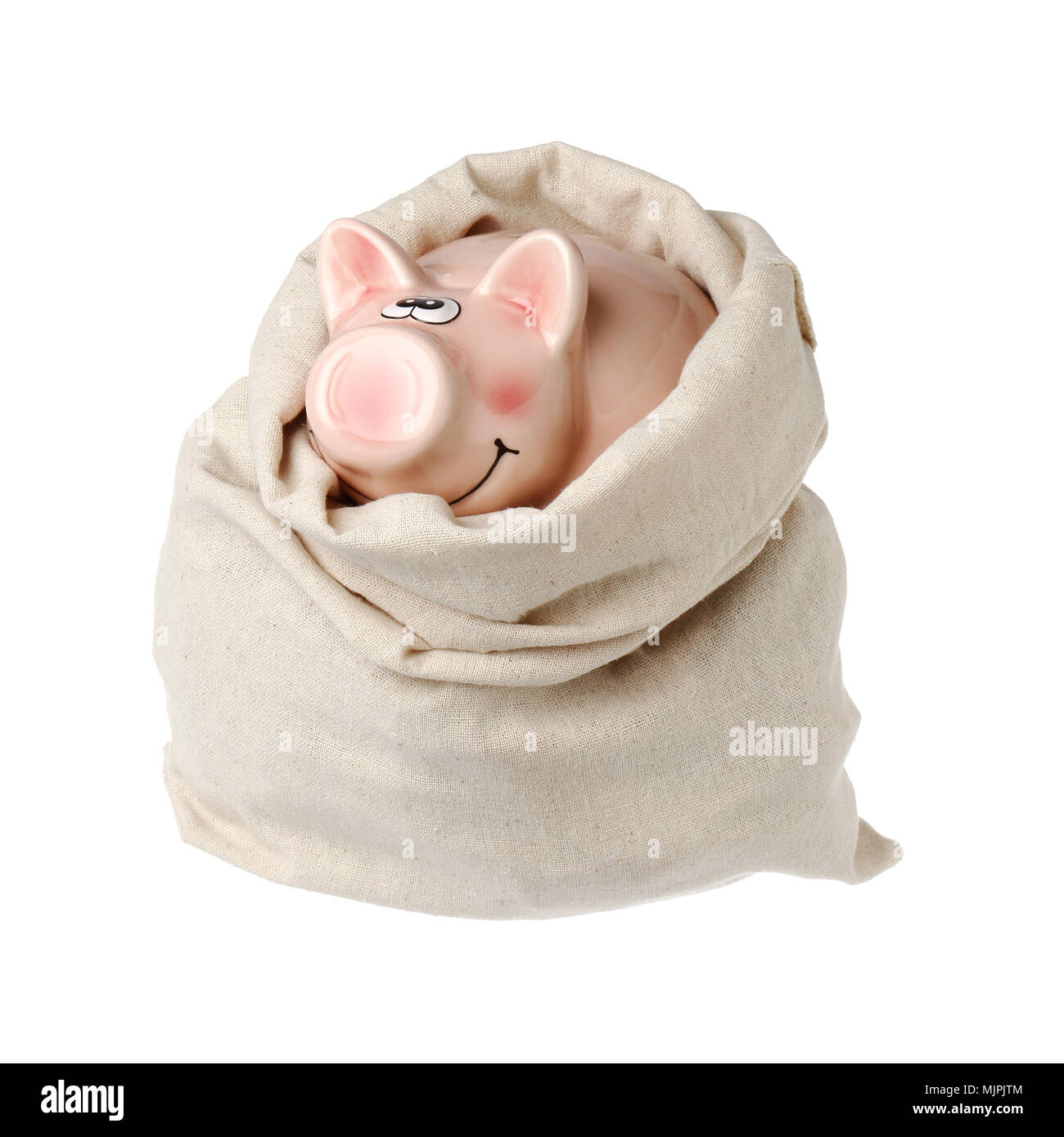 A pink piggy bank inside a open small sack isolated on white. Stock Photo