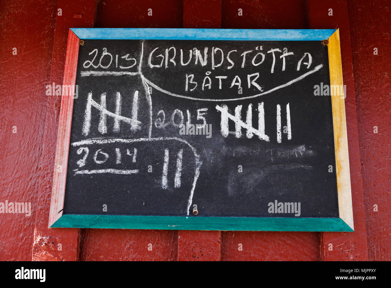 Plate with text in Swedish with the listing of the number of boats run aground (Grundstötta) during the seasons 2013, 2014 and 2015, with space left i Stock Photo