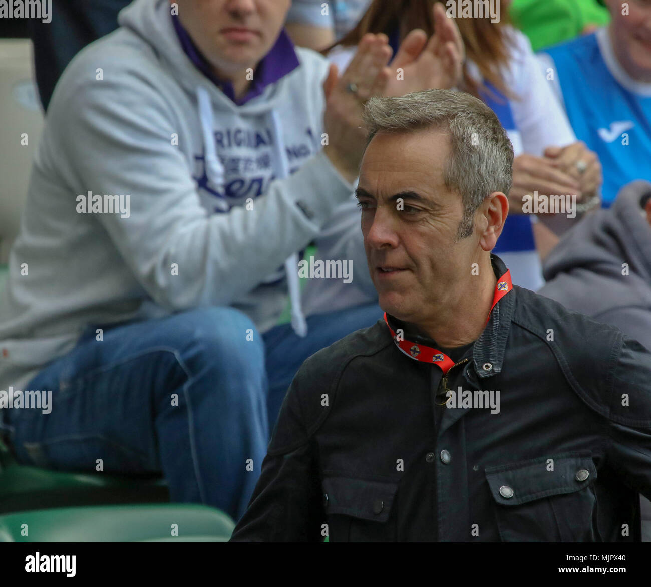 Belfast, Northern Ireland, UK, 5 May 2018. National Football Stadium at Windsor Park, Belfast, Northern Ireland. 05 May 2018. Tennent's Irish Cup Final - Cliftonville 1 Coleraine 3. Actor, and ardent Coleraine fan Jimmy Nesbitt at the final. Credit: David Hunter/Alamy Live News. Stock Photo