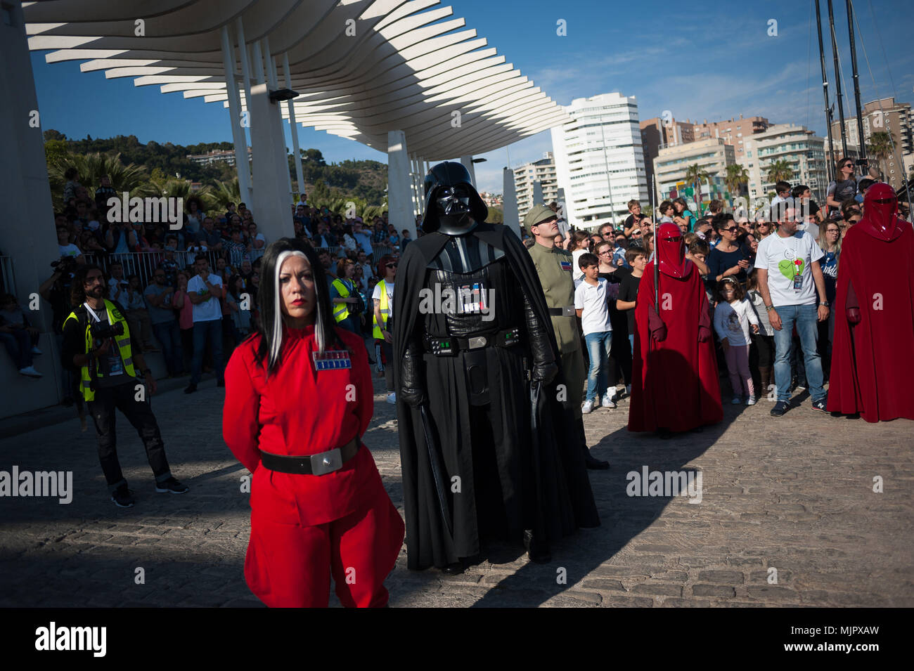 May 5, 2018 - Malaga, Spain - A member of the 501st Legion Spanish Garrison dressed as ''Darth Vader'' from the movie saga Star Wars stands as he performs during a charity parade in favour of bone marrow donation, organized by the Luis Olivares foundation. Hundreds of volunteers from the 501st Legion Spanish Garrison, an association that promote the hobby for the movie Star Wars and contribute in solidarity causes, took the main streets in downtown MÃ¡laga with the objective of encourage the bone marrow donation and the fight against cancer. (Credit Image: © Jesus Merida/SOPA Images via ZUMA W Stock Photo