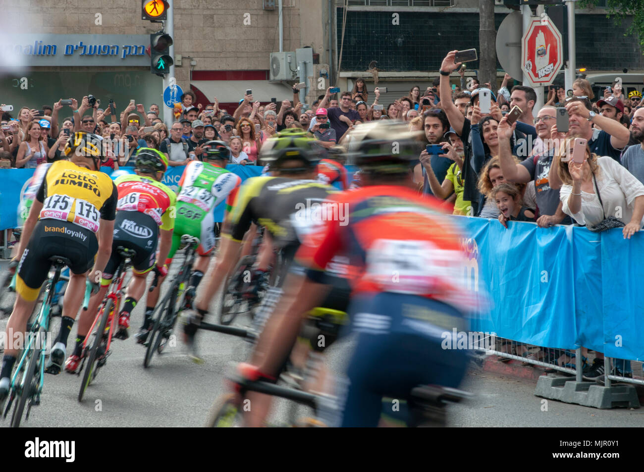 “Big Start” Israel Stage 2 of the Giro d’Italia, from Haifa to Tel Aviv (167Km), Photographed in Jaffa 500 Meters before the finish line, 5th May 2018 Stock Photo