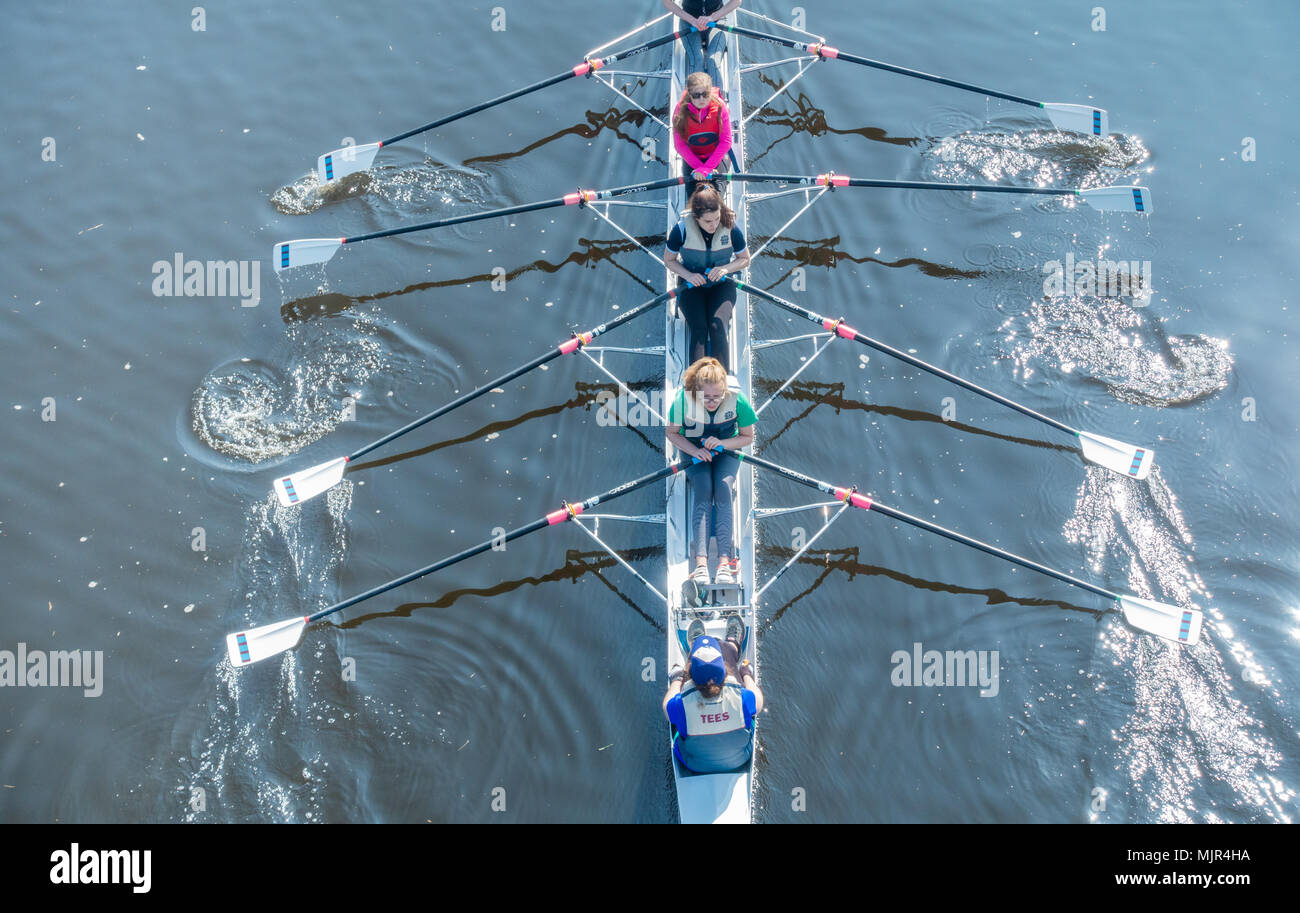 Stockton on Tees, north east  England, UK. Members of Tees Rowing Club out on the river Tees on a sunny day Stock Photo