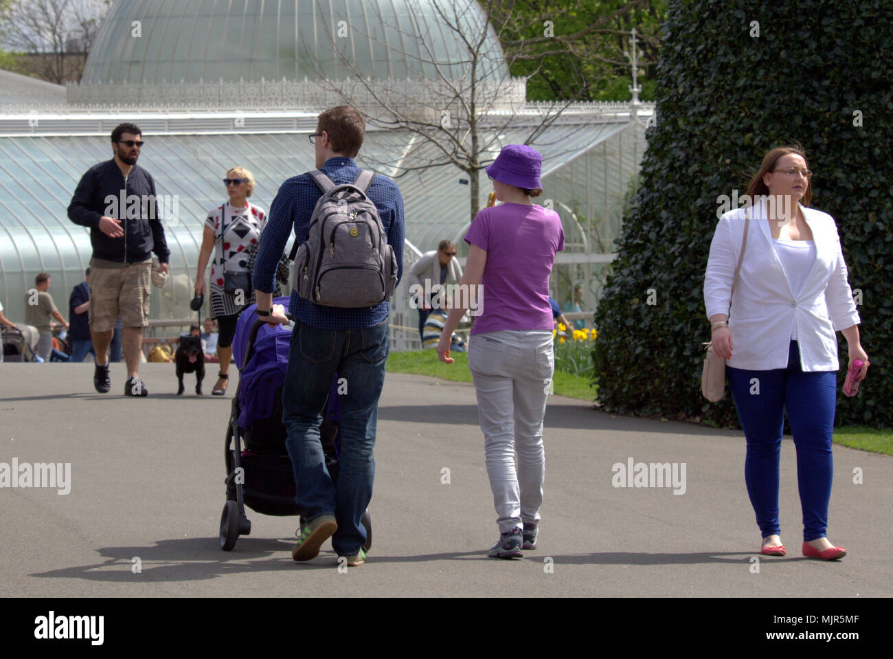 Glasgow, Scotland, UK 6th May. UK Weather : Sunny summer weather finally reaches the city for the Bank Holiday weekend. Locals and tourists enjoy the sun in the Botanic Gardens, the botanics, in the plush west end. Gerard Ferry/Alamy news Stock Photo