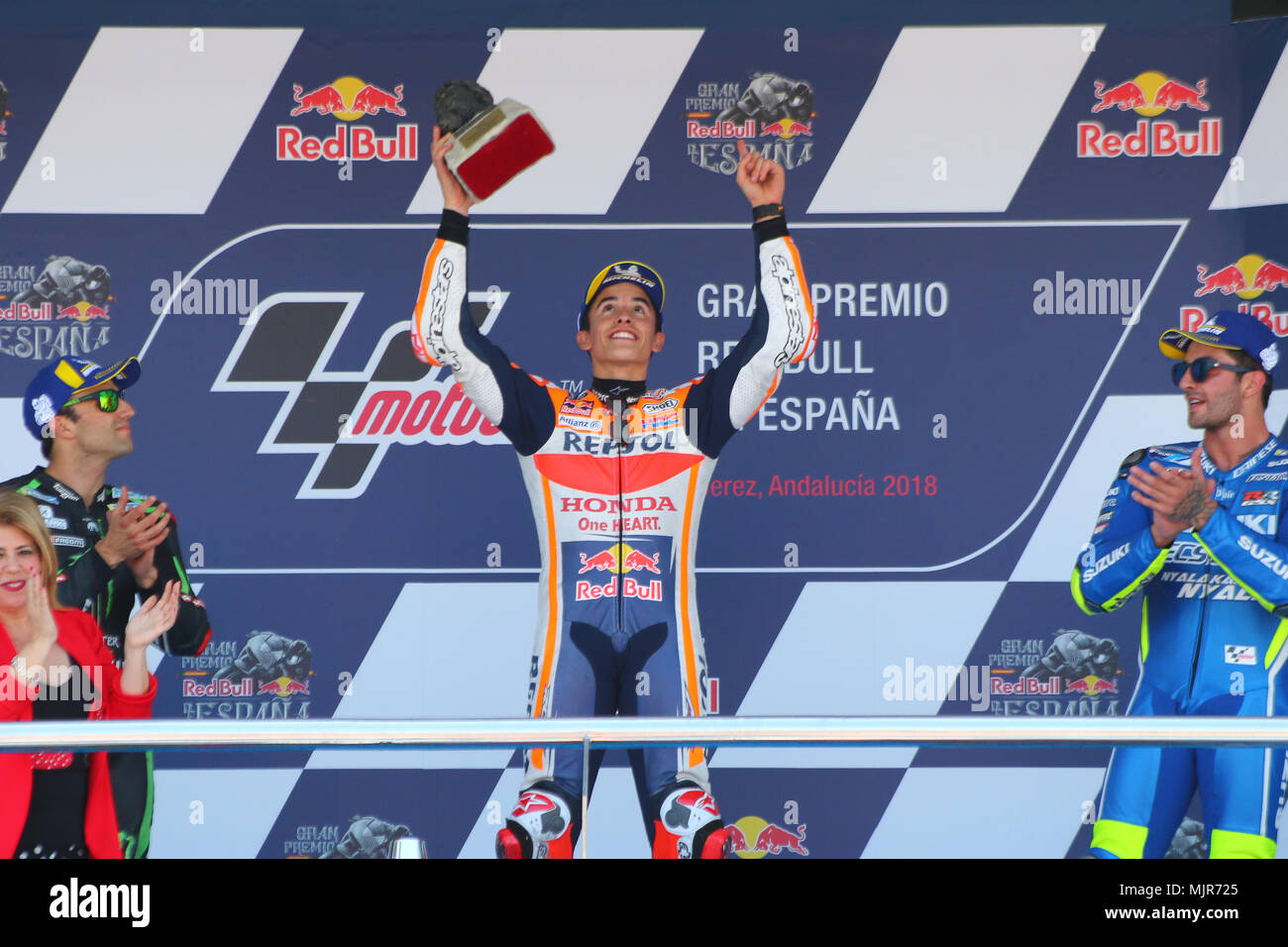 Sunday, May 6, 2018 Podium of the MotoGP category with the SPA pilots 93  Marc Marquez looking to heaven with Angel Nieto trophy, remember 12+1  champion, FRA 5 Johann Zarco, ITA 29