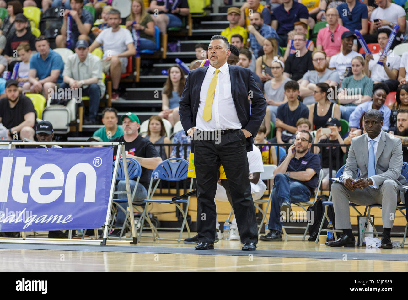Copper Box Arena, 6th May 2018. Lions win the game 94-90 in a cliffhanger that saw the game going time twice. Lions coach Vince Macaulay shouts from the sideline.