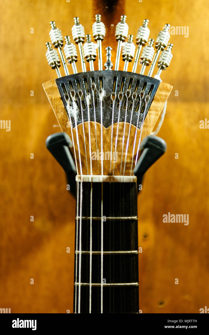 Neck of a twuelve string portuguese guitar Stock Photo