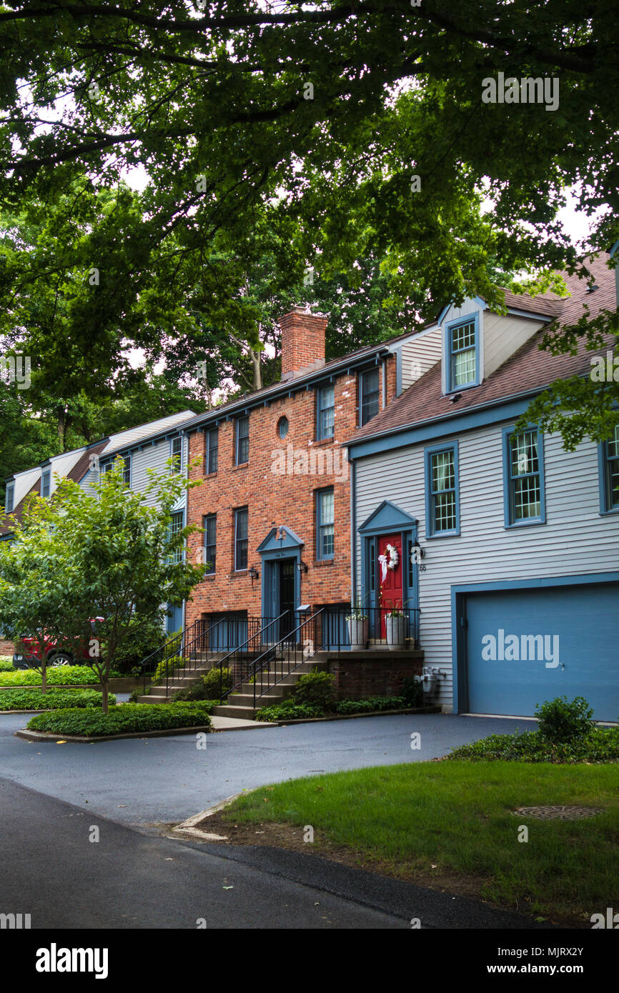 Quaint townhomes in a neatly manicured suburban neighborhood in western