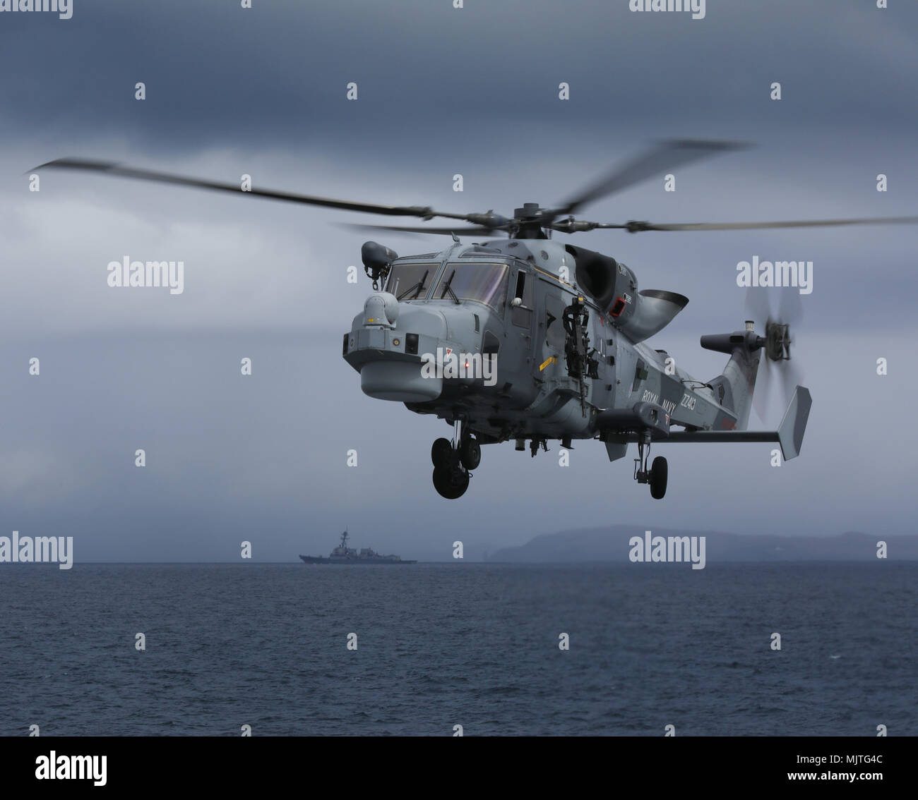 Royal Navy Wildcat HMA2 helicopter of 815 Naval Air Squadron which provides helicopters (small ships flights) for frigates and destroyers Stock Photo