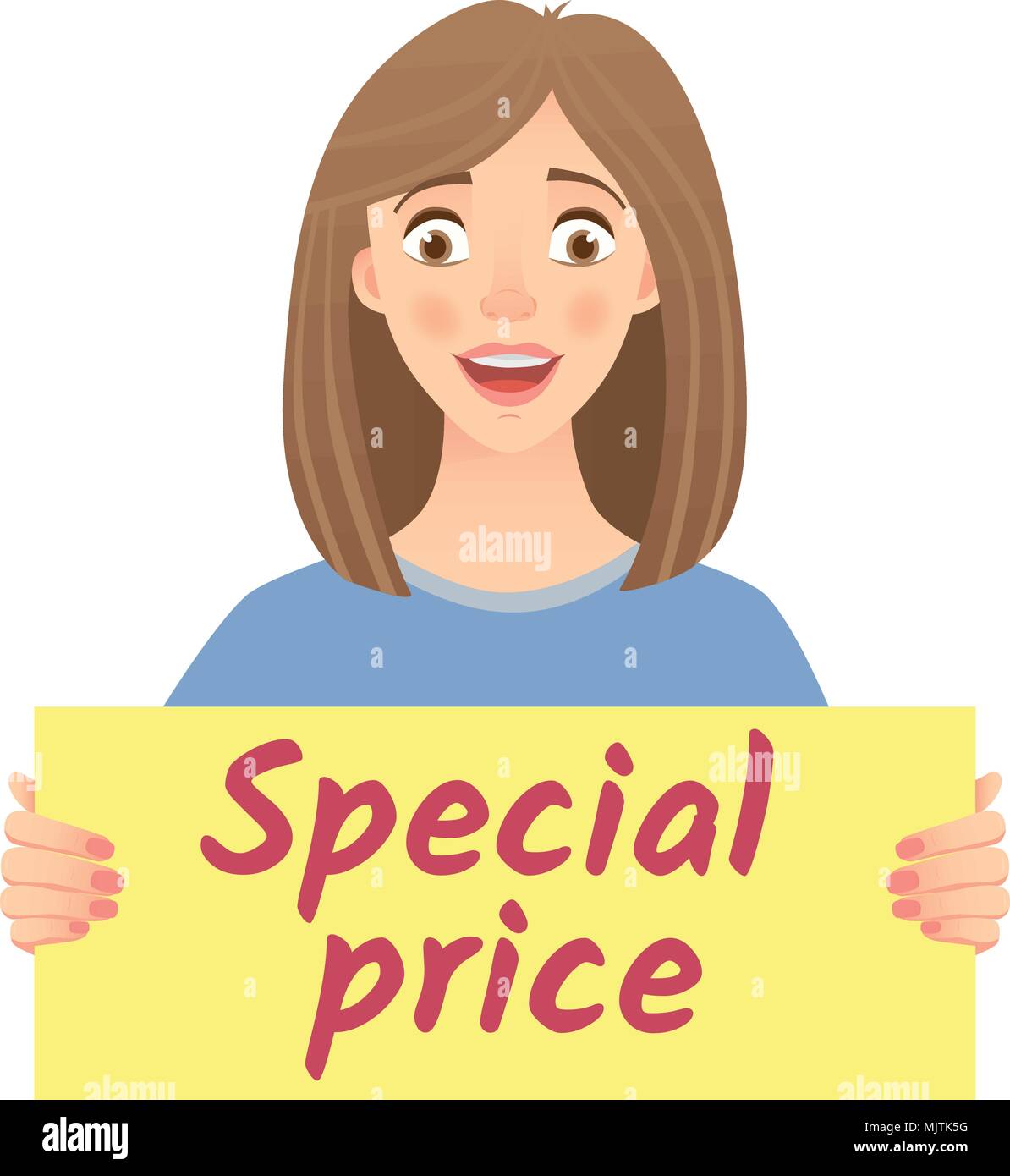 woman holding sign special price Stock Vector